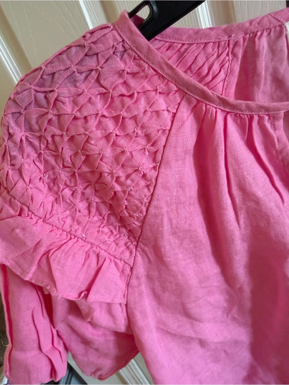 Self Contrast Linen Puff Sleeve Blouse with Tie Detail - Picture 5 of 8